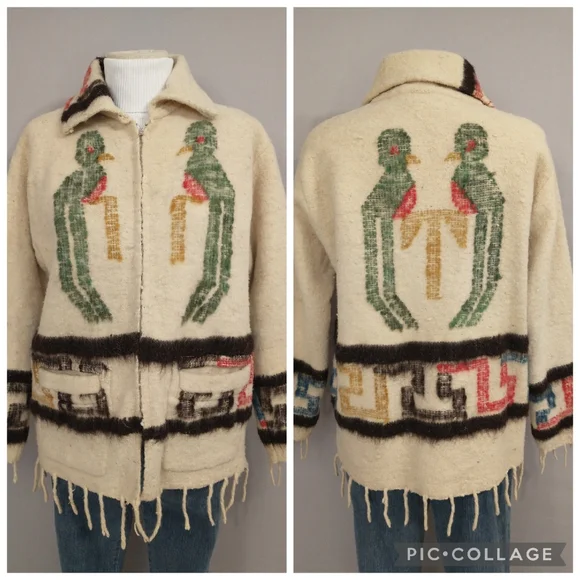 Vintage 70s Wool Jacket Love Birds Hand Crafted South American Woven w Fringe - Picture 1 of 16